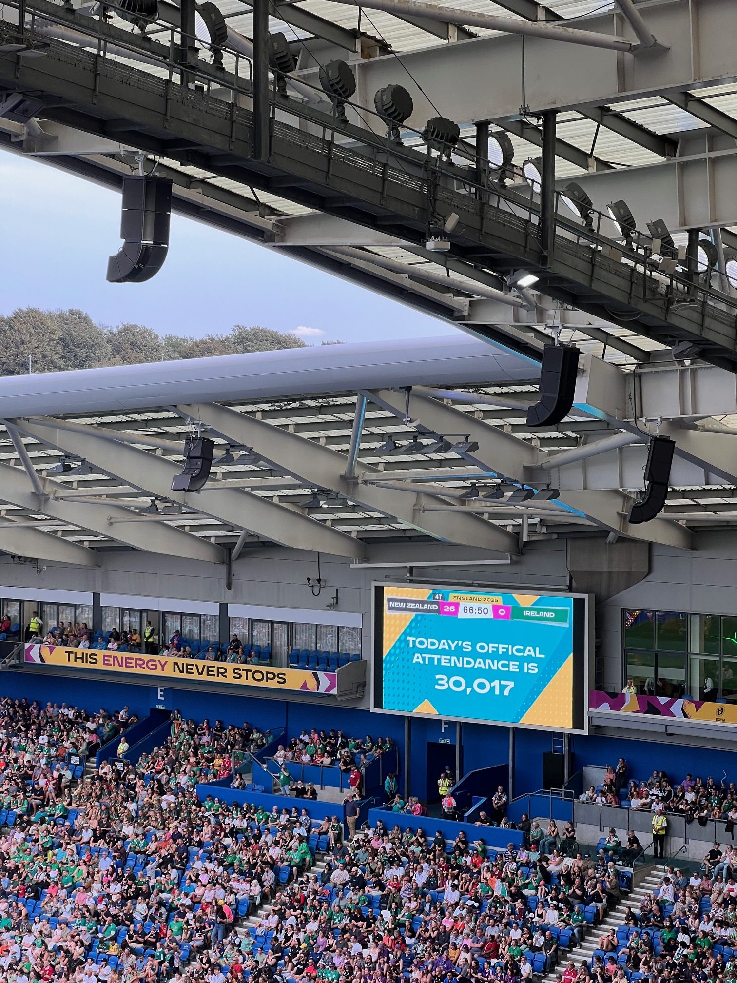 Stadium screen showing attendance of 30,017 at New Zealand vs Ireland, Women's Rugby World Cup in Brighton, 7th September 2025