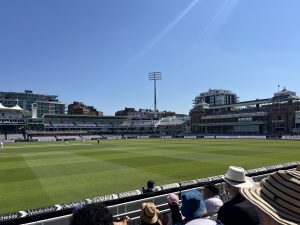 View of the field of play at Lord's cricket ground showing the infamous pavilion