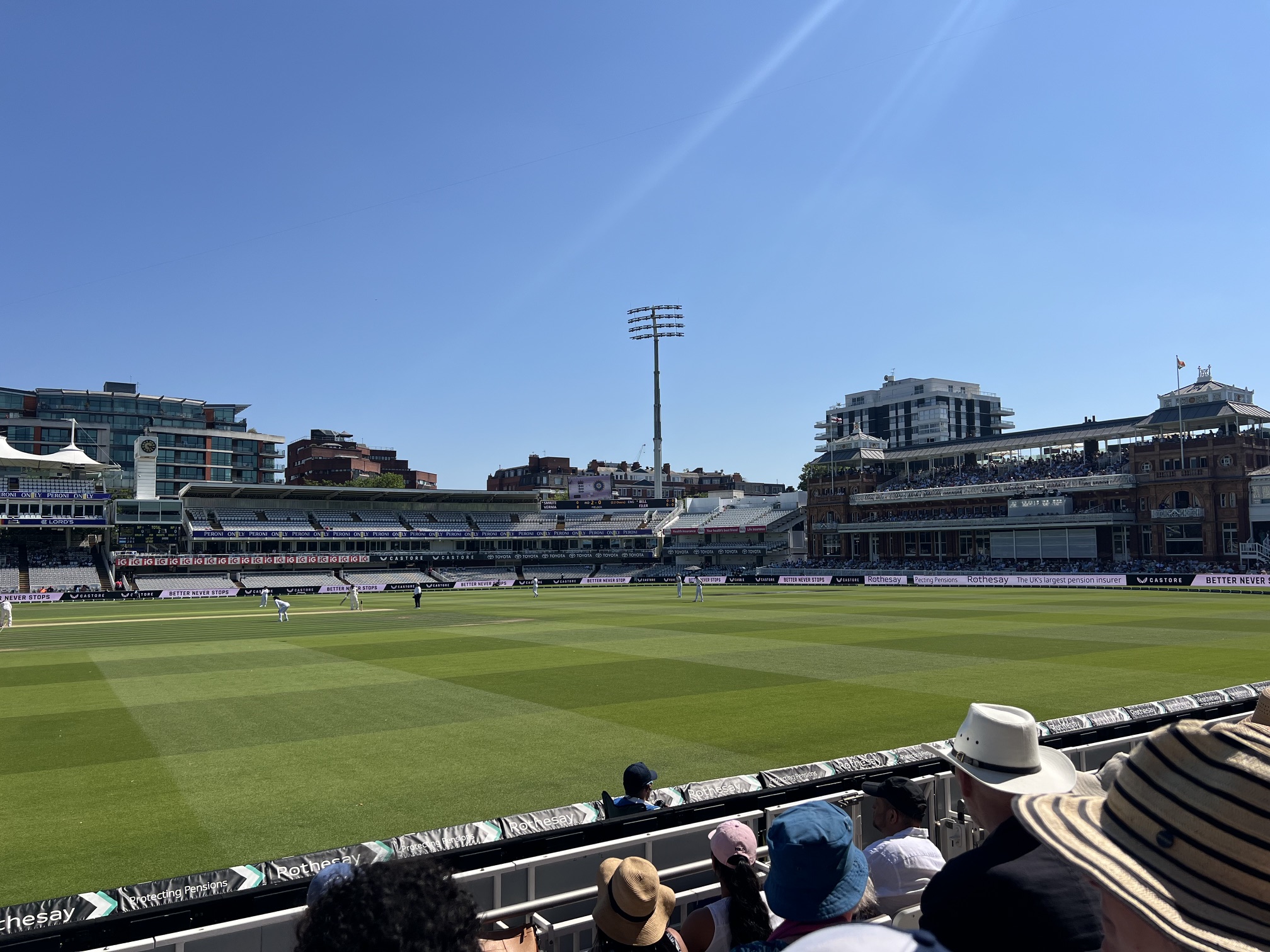 View of the field of play at Lord's cricket ground showing the infamous pavilion