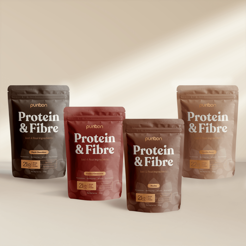 Bags of Protein & Fibre product showcasing flavours - chocolate, cinnamon, mocha, vanilla bean